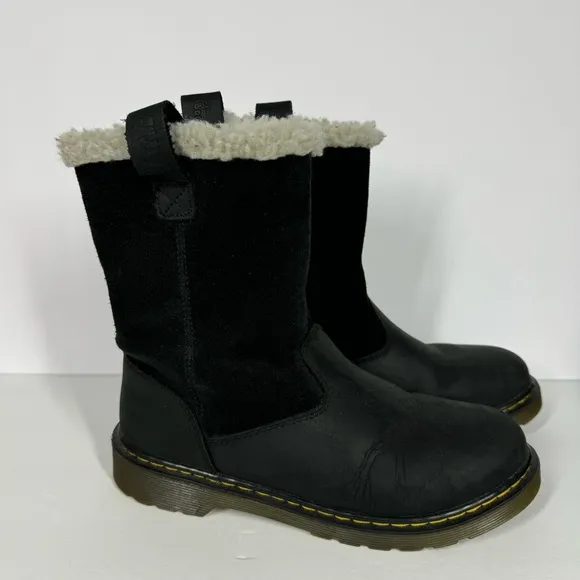 Dr Martens Juney Junior Faux Fur Lined Leather High Ankle Boots Black Youth 6