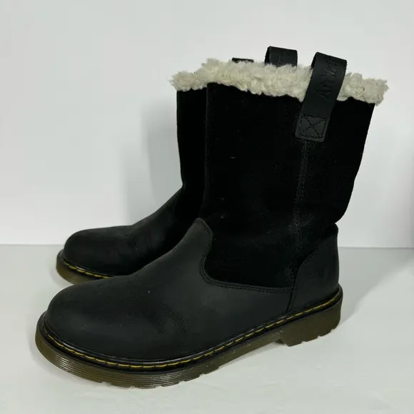 Dr Martens Juney Junior Faux Fur Lined Leather High Ankle Boots Black Youth 6