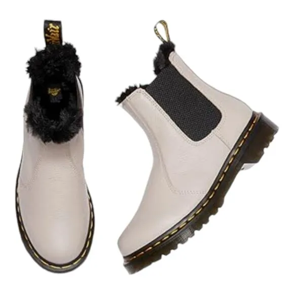 Dr Martens Pale Grey Super Soft Leather Black Fur Lined Chelsea Boots Size 7 New