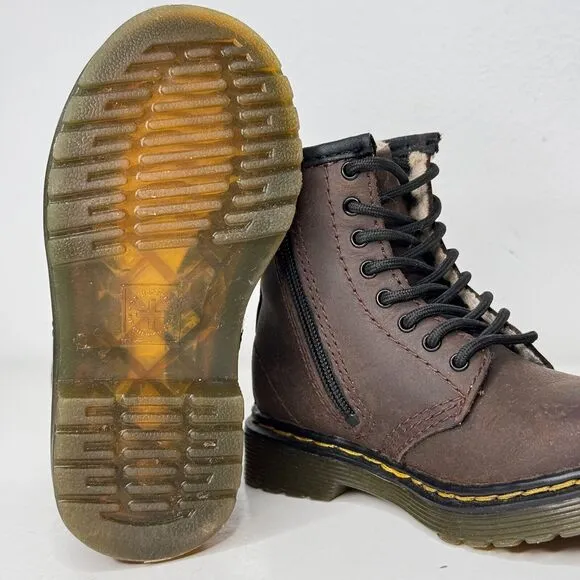Dr Martens Serena Toddler Boots Kids 7 Brown Leather Faux Fur Lined Lace Up Zip