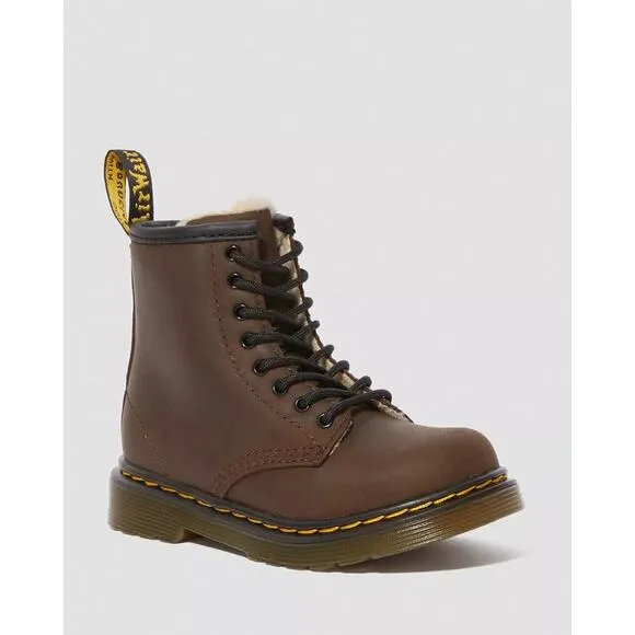 Dr Martens Serena Toddler Boots Kids 7 Brown Leather Faux Fur Lined Lace Up Zip