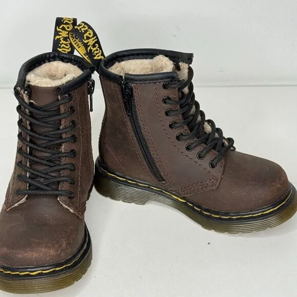 Dr Martens Serena Toddler Boots Kids 7 Brown Leather Faux Fur Lined Lace Up Zip