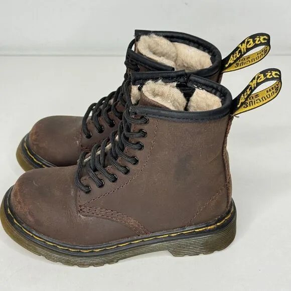 Dr Martens Serena Toddler Boots Kids 7 Brown Leather Faux Fur Lined Lace Up Zip