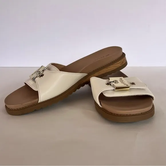 Dr Scholl's Iconic Flat Sandal Cream Slip On Adjustable Hook Closure Slides 7