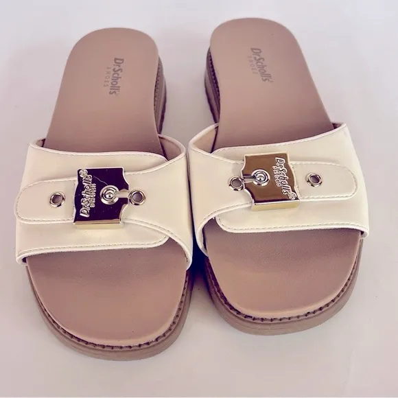 Dr Scholl's Iconic Flat Sandal Cream Slip On Adjustable Hook Closure Slides 7