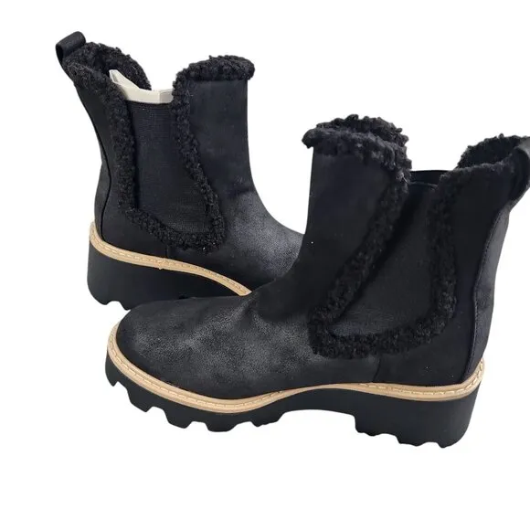 DV By Dolce Vita Vinny Bootie Black Womens Size 8.5 Faux Leather &amp; Fur Chunky So