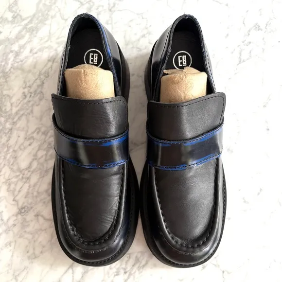 E8 By Miista Blue Lib Chunky Loafers Leather Slip On Heeled Black Blue Size 40