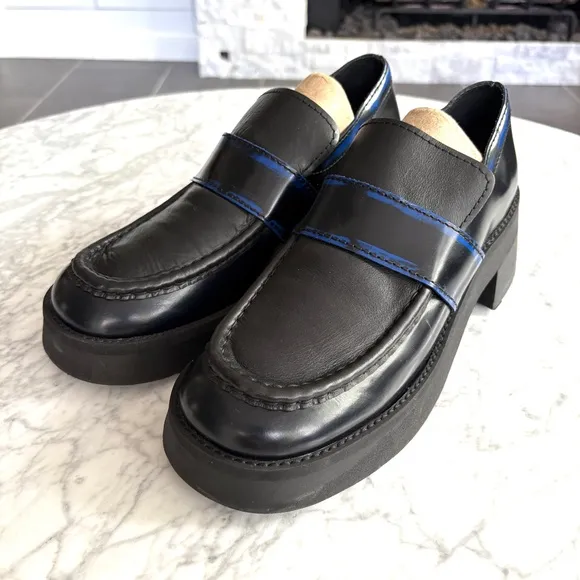E8 By Miista Blue Lib Chunky Loafers Leather Slip On Heeled Black Blue Size 40
