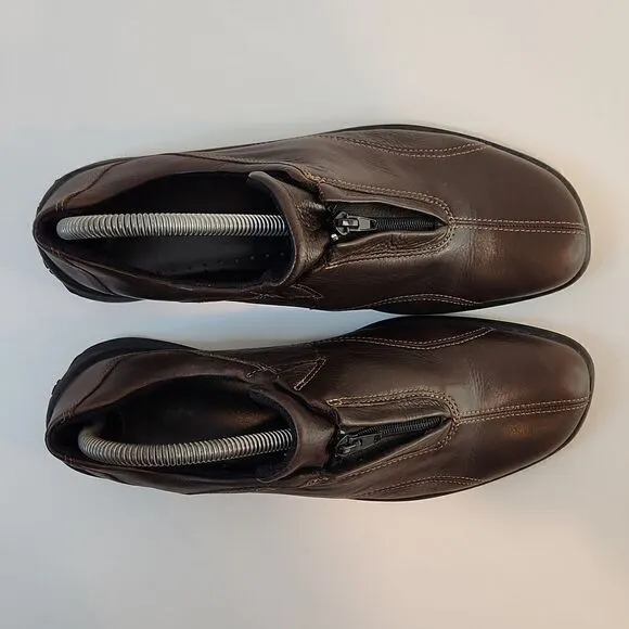 Ecco Leather Loafers Flats Comfort Shoes Brown Split Toe Zip Womens Sz 6 1/2 EUC