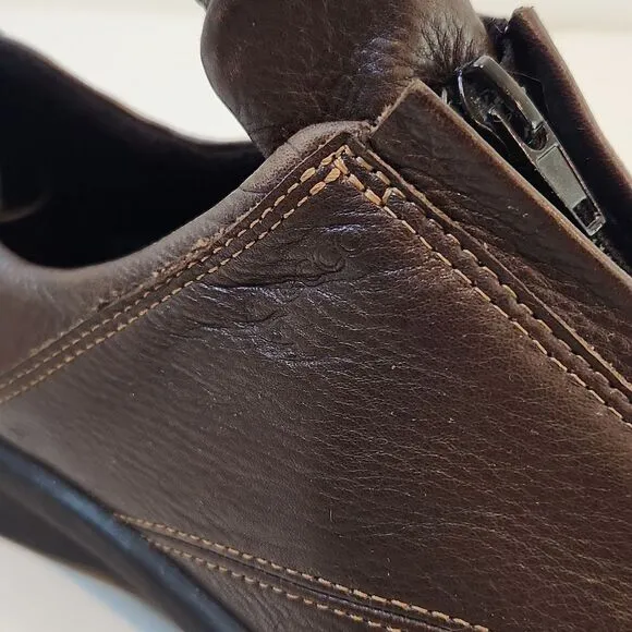 Ecco Leather Loafers Flats Comfort Shoes Brown Split Toe Zip Womens Sz 6 1/2 EUC