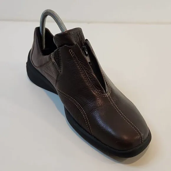 Ecco Leather Loafers Flats Comfort Shoes Brown Split Toe Zip Womens Sz 6 1/2 EUC