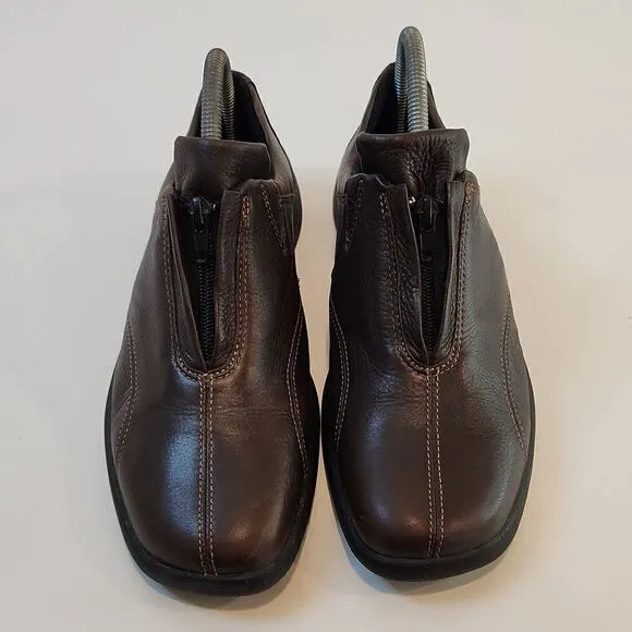 Ecco Leather Loafers Flats Comfort Shoes Brown Split Toe Zip Womens Sz 6 1/2 EUC