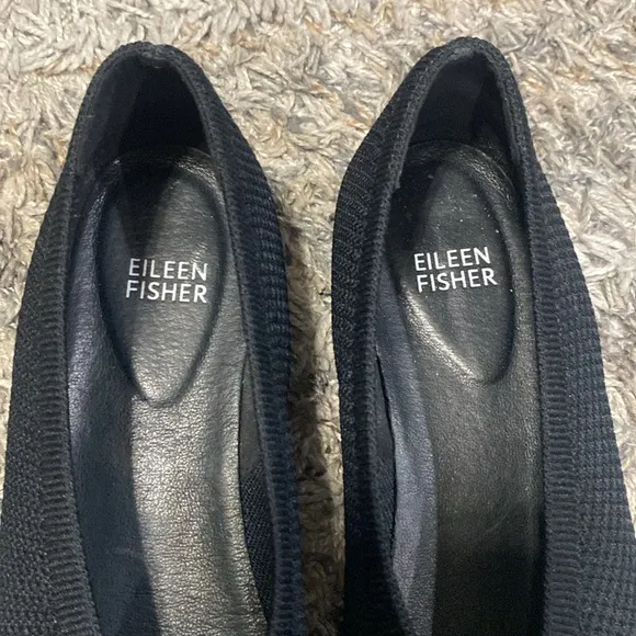 Eileen Fisher black text fabric comfort, shoe flats, size 8.5 almond toe