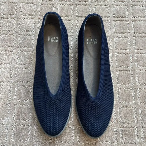 Eileen Fisher Heaven Flats Navy Pointed Toe Slip-On Shoe 9 Knit Stretch Casual