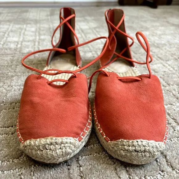 Eileen Fisher Leather Espadrille Sandals Womens 9.5 Orange Flat Vacation NEW