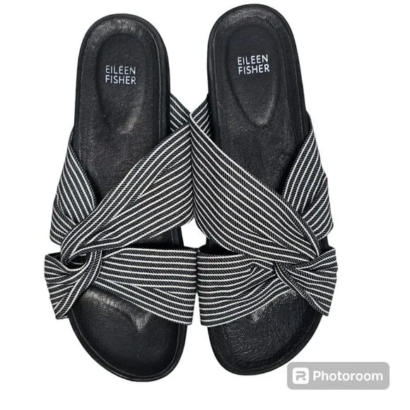 Eileen Fisher Pal Black Stripe Canvas Slides Size 10