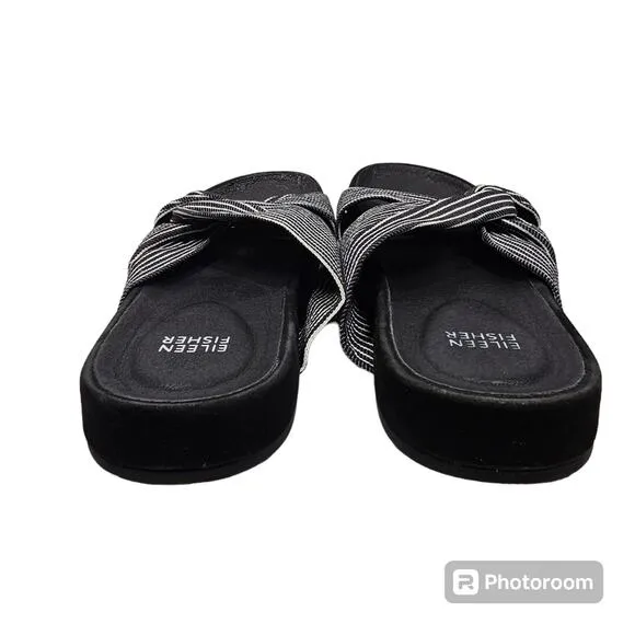 Eileen Fisher Pal Black Stripe Canvas Slides Size 10