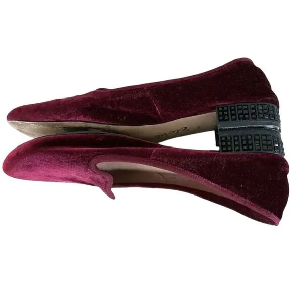 Elorie Deep Burgundy Velvet Loafers with Black Rhinestones on Heel 9