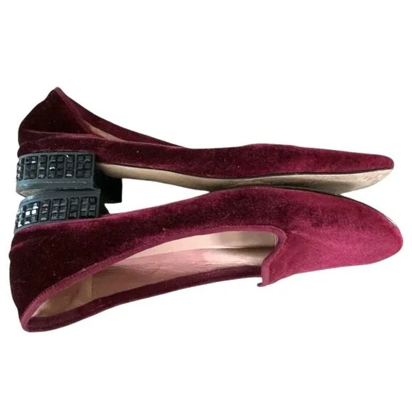 Elorie Deep Burgundy Velvet Loafers with Black Rhinestones on Heel 9