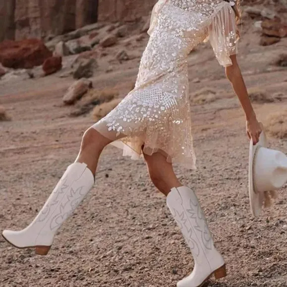 Embroidered Cowboy Boots For Women Pointed Toe Block Chunky High Heels Knee High