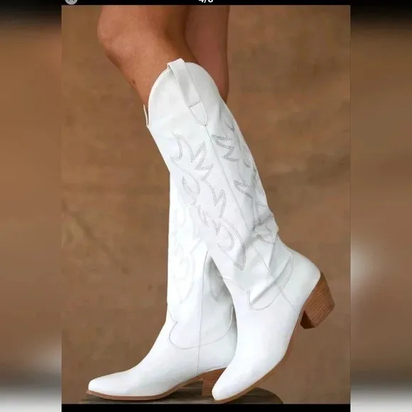 Embroidered Cowboy Boots For Women Pointed Toe Block Chunky High Heels Knee High