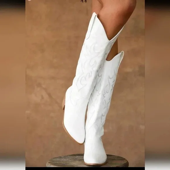 Embroidered Cowboy Boots For Women Pointed Toe Block Chunky High Heels Knee High