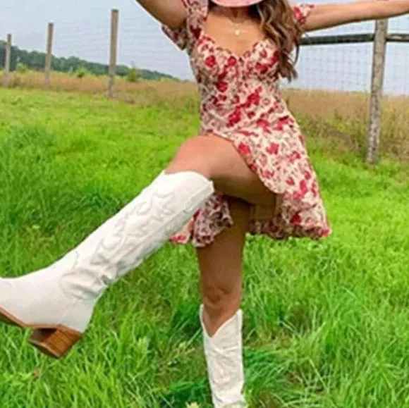 Embroidered Cowboy Boots For Women Pointed Toe Block Chunky High Heels Knee High