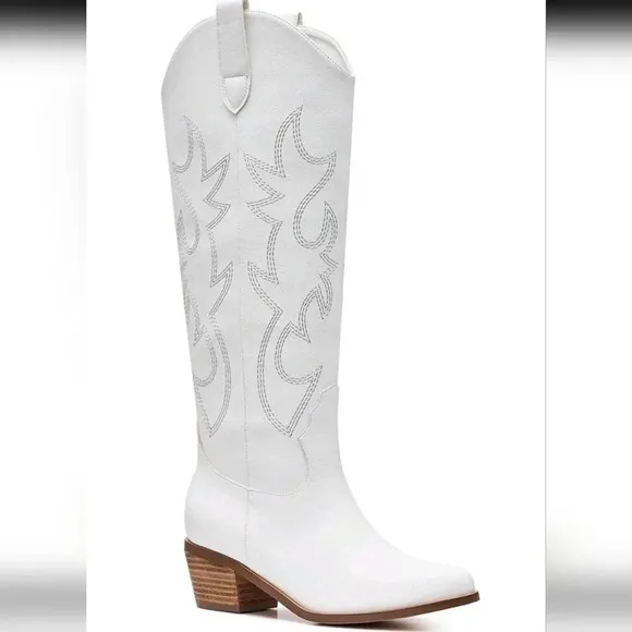 Embroidered Cowboy Boots For Women Pointed Toe Block Chunky High Heels Knee High