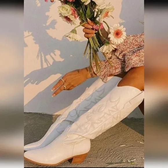 Embroidered Cowboy Boots For Women Pointed Toe Block Chunky High Heels Knee High