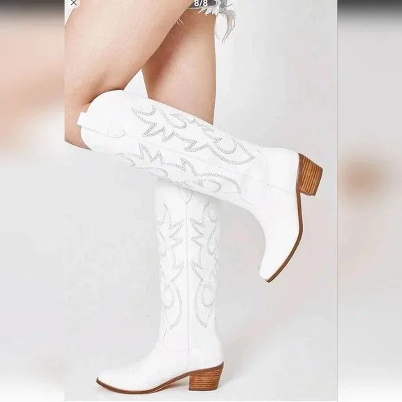 Embroidered Cowboy Boots For Women Pointed Toe Block Chunky High Heels Knee High