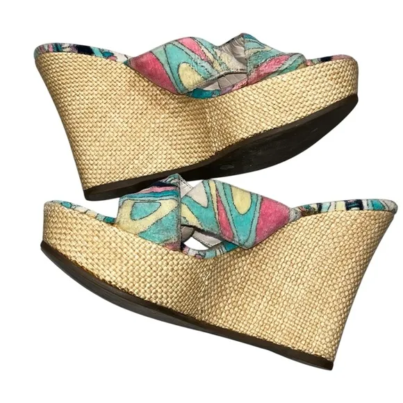 Emilio Pucci Firenze Velvet Raffia Wedge Sandals Shoes size 6