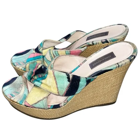 Emilio Pucci Firenze Velvet Raffia Wedge Sandals Shoes size 6