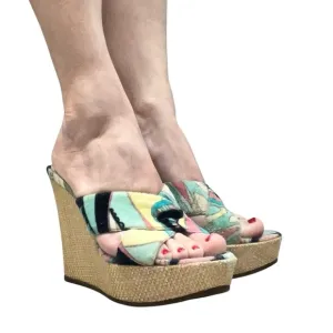 Emilio Pucci Firenze Velvet Raffia Wedge Sandals Shoes size 6