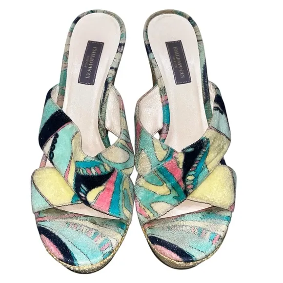 Emilio Pucci Firenze Velvet Raffia Wedge Sandals Shoes size 6
