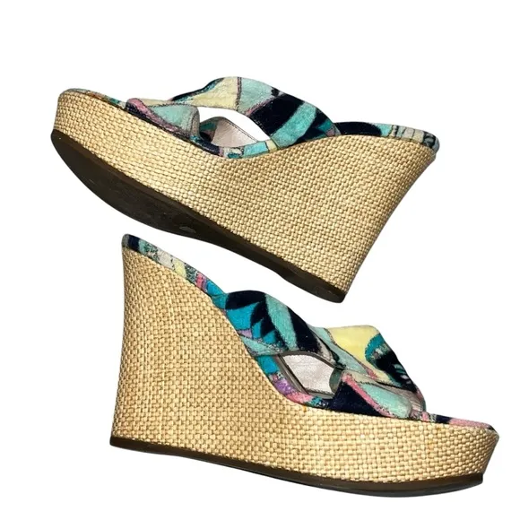 Emilio Pucci Firenze Velvet Raffia Wedge Sandals Shoes size 6