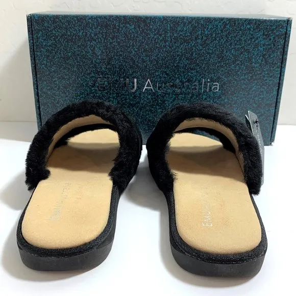 EMU Australia Warden Stinger Sandals Sheepskin Buckle Slides Black Size 7 NEW