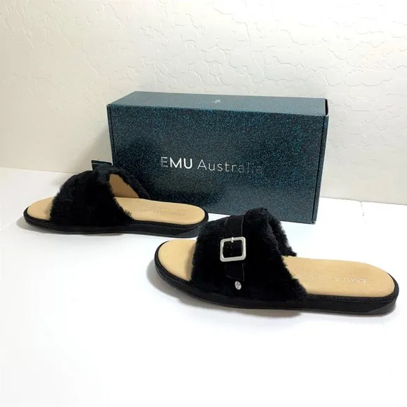 EMU Australia Warden Stinger Sandals Sheepskin Buckle Slides Black Size 7 NEW