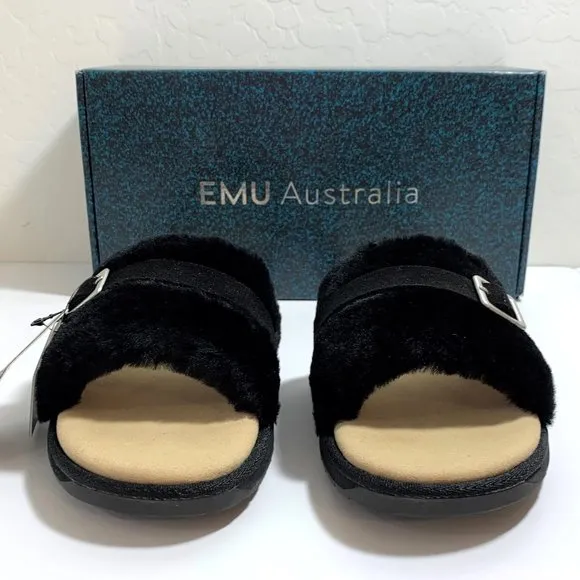 EMU Australia Warden Stinger Sandals Sheepskin Buckle Slides Black Size 7 NEW