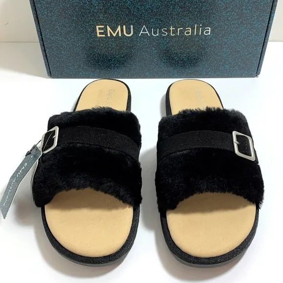 EMU Australia Warden Stinger Sandals Sheepskin Buckle Slides Black Size 7 NEW