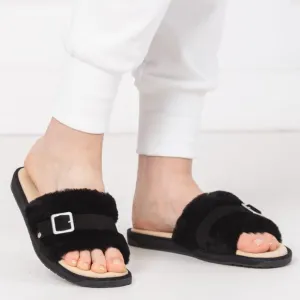 EMU Australia Warden Stinger Sandals Sheepskin Buckle Slides Black Size 7 NEW