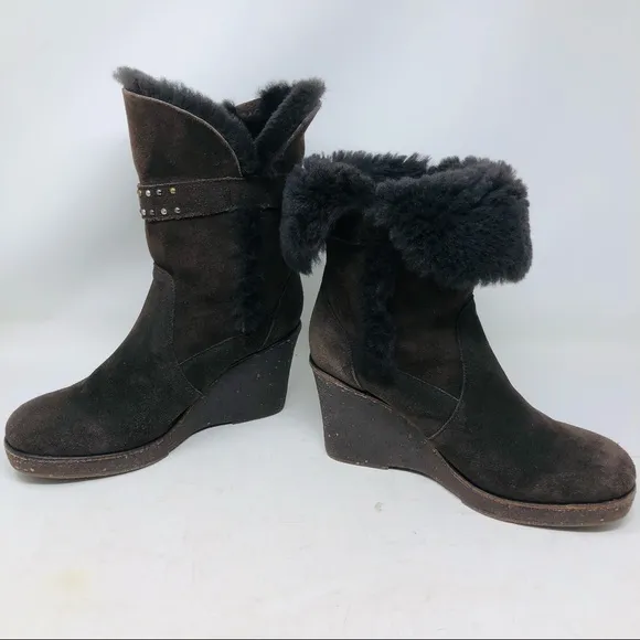 Emu Brown Sheepskin Suede Fur Lined Wedge Boots