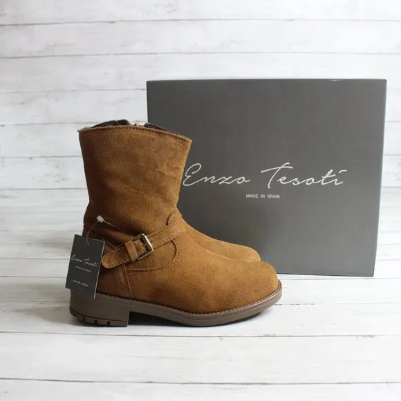 Enzo Tesoti Girl Kid Size 3 Brown Genuine Suede Leather Boots Fur Lined