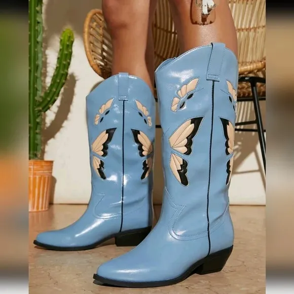 Faux Leather Embroidery Detail Boots, Cowboy Boots For Women