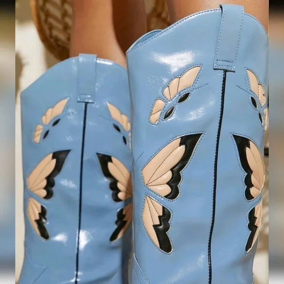 Faux Leather Embroidery Detail Boots, Cowboy Boots For Women