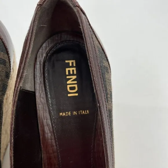 Fendi FF Monogram Zucca Canvas Peep Toe Espadrilles Wedges Size 39.5