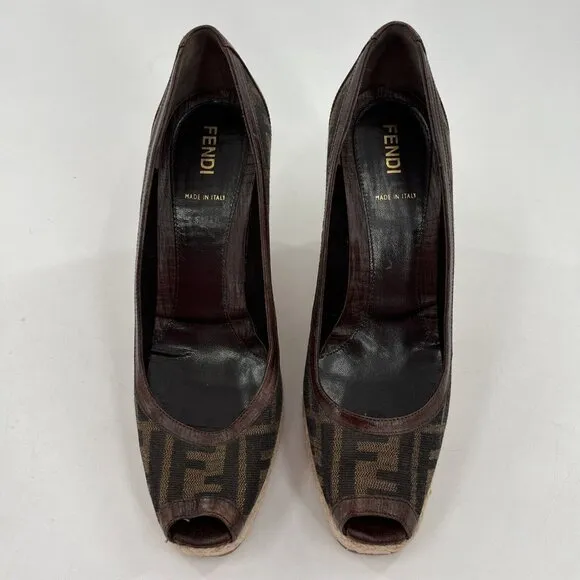 Fendi FF Monogram Zucca Canvas Peep Toe Espadrilles Wedges Size 39.5