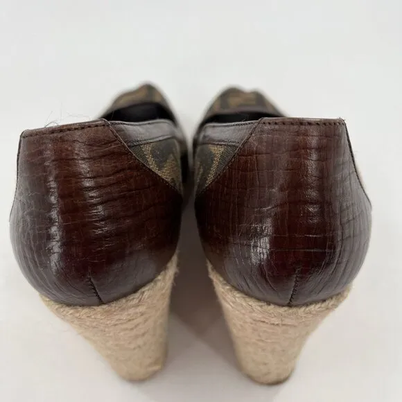Fendi FF Monogram Zucca Canvas Peep Toe Espadrilles Wedges Size 39.5
