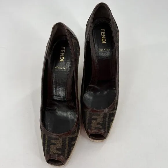 Fendi FF Monogram Zucca Canvas Peep Toe Espadrilles Wedges Size 39.5