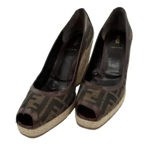 Fendi FF Monogram Zucca Canvas Peep Toe Espadrilles Wedges Size 39.5