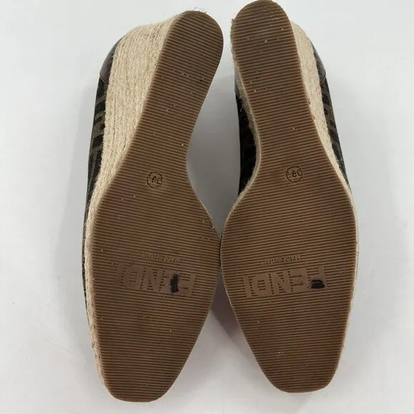 Fendi FF Monogram Zucca Canvas Peep Toe Espadrilles Wedges Size 39.5